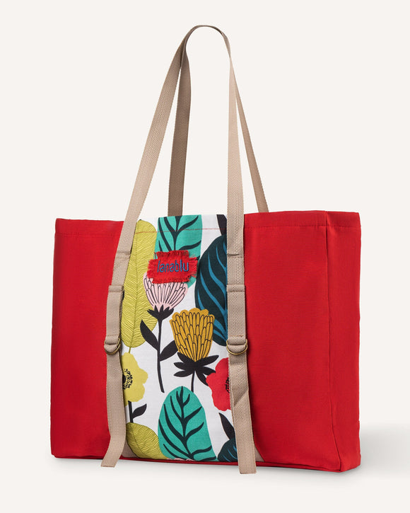 Red Fabric Tote with Flowers, Beach Tote Bag with towel Holder, Spring Summer Large Tote, Red Yoga Canvas Bag